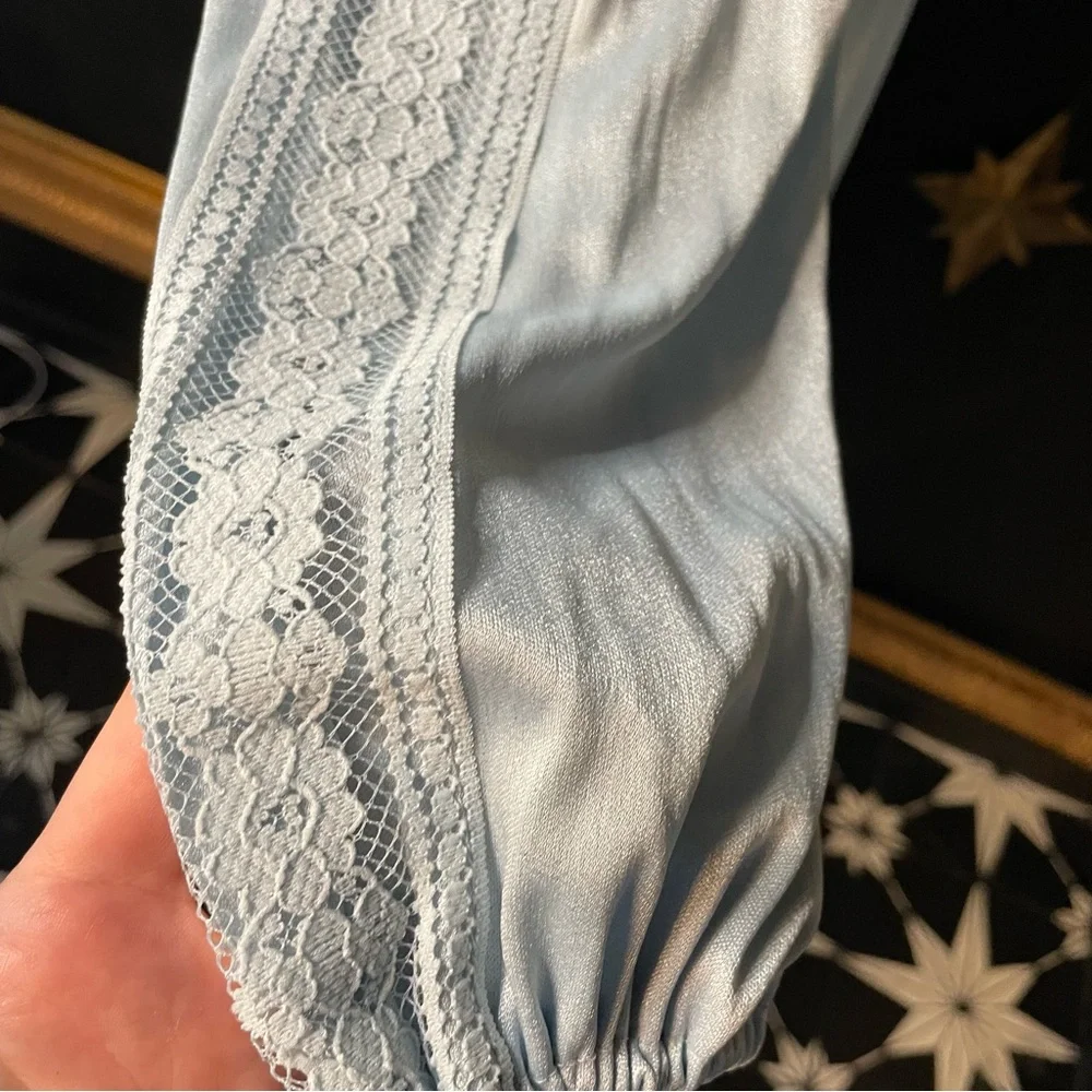 Vintage 70s Montgomery Ward Long Blue Dress with Lace S